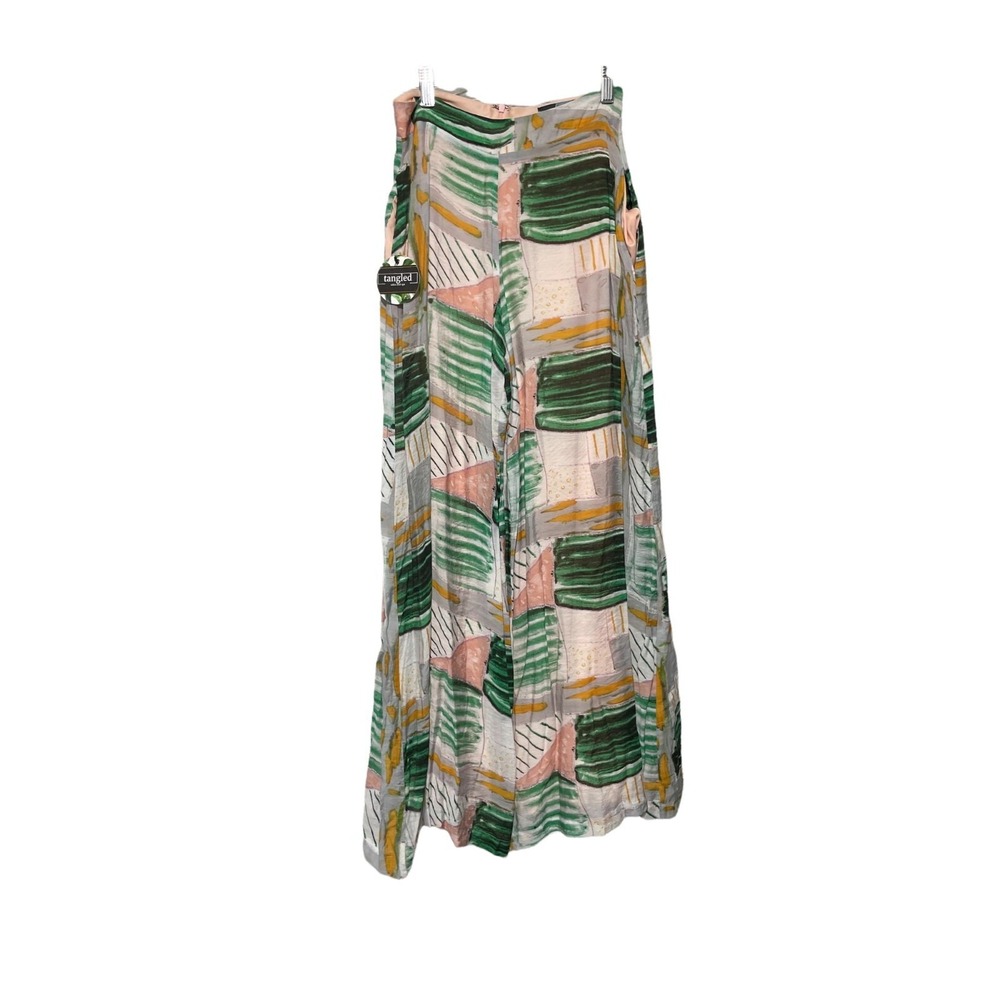 Tangled Abstract Geometric Print Wide Leg Pants Green Peach Mustard NEW